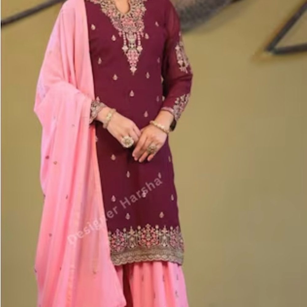 Chic Burgundy and Pink Embroidered Outfit with Gold Clutch